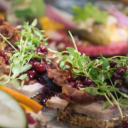 A photo of an open face sandwich with meat and green leaves and berries | The Best 5 Traditional Dishes in Denmark | Amitylux Tours | Guided Tours | VIP & Luxury Experiences