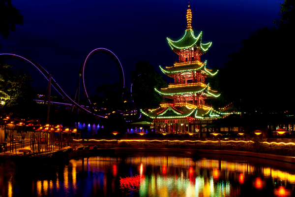 A photo at night of the Christmas decorated Tivoli Gardens
