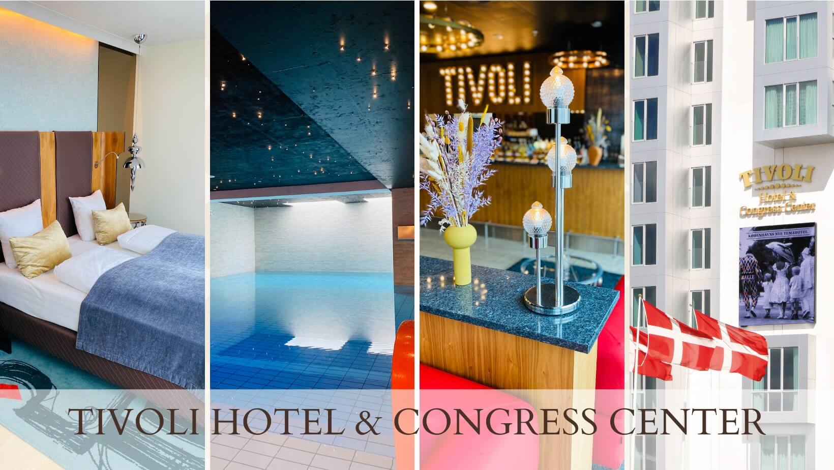 A four part grid photo of Tivoli Hotel | Weekend in Copenhagen | Amitylux Tours | Scandinavian Guided Tours | VIP & Luxury Experiences in the Nordics