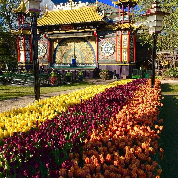 A photo of blosssoming flowers at Tivoli Gardens during daytime | Tivoli Gardens in Copenhagen: Feel The Magic All Year Round | Amitylux Tours | Scandinavian Guided Tours | VIP & Luxury Experiences in the Nordics