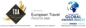 A photo of the logos and text of the three awards that Amitylux Won in 2022:a) Luxury Tour Company of the Year for Denmark 2022 b) Best Nordic City Tour Operator 2022 c) Sightseeing Tour Operator of the Year 2022/2023 | Amitylux Tours | Scandinavian Guided Tours | VIP & Luxury Experiences in the Nordics 