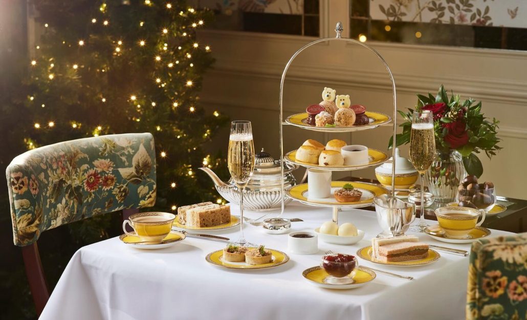 Tea in London. The best sports for tea in London in the summertime. Photo by the GORING. Table set for aftrnoon tea with tea, champagne and treats.