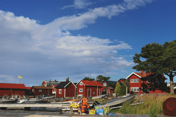 boats and red houses on Sandhamn coast