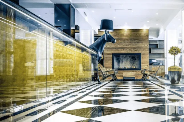 art deco tiles in the entrance of Lilla Roberts hotel in Helsinki