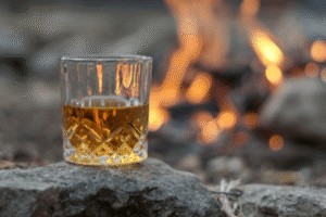 a glass of whisky on a rock next to a camp fire