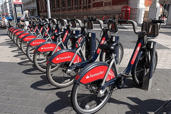 London's Santander Cycles parked on the street