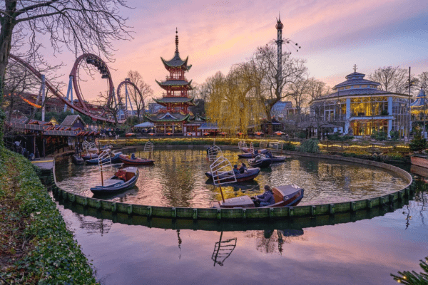 sunset at Tivoli Gardens in Copenhagen