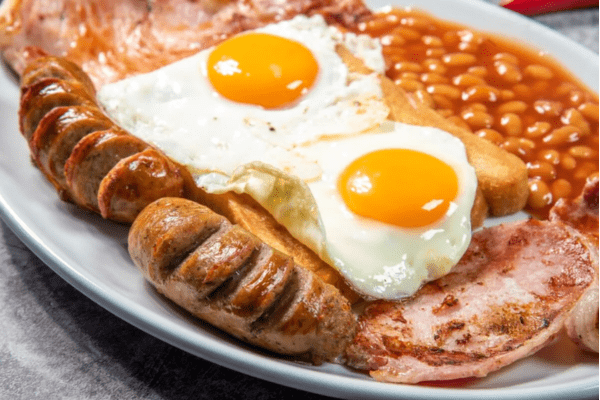 English breakfast plate with eggs, beans, and sausages