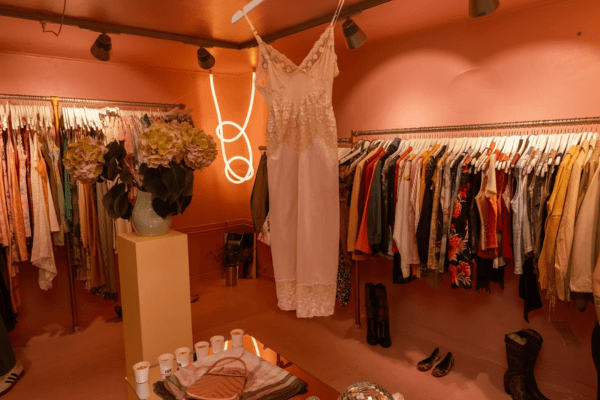 white vintage dress and neon lights inside a vintage store
