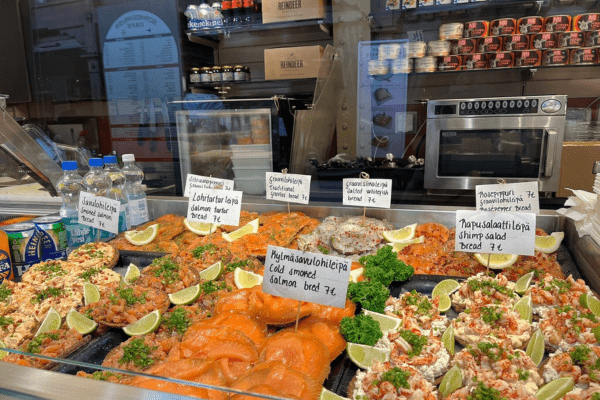 salmon sandwiches in Helsinki open market hall